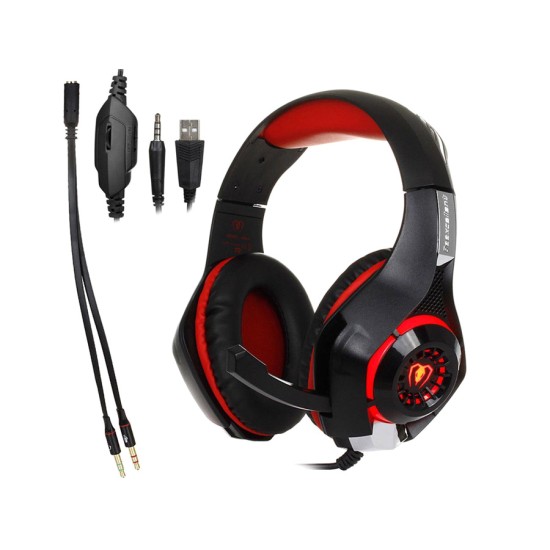 BEEXCELLENT GM1 WIRED 3.5MM OVER EAR PRO GAMING HEADSET DEEP SOUND WITH LED LIGHTING AND MICROPHONE RED